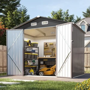 Nordivale 8x6FT Metal Outdoor Storage Shed Lockable Door Garden Tool Cabinet for Mower Bike Garbage Can Brown