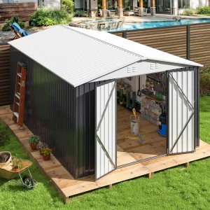 10x14 FT Outdoor Storage Shed, Garden Shed with Updated Frame Structure and Lockable Doors, Metal Tool Sheds, Customized