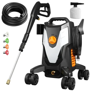 Electric Pressure Washer, 2.8 Max GPM with Anti-Tipping Technology, Onboard Soap Tank, Pro-Style Steel Wand, 5-Nozzle Set, for Cars/Fences/Driveways/Home/Patios