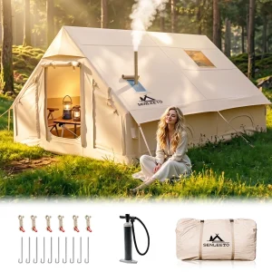 SENLEETO Inflatable Camping Tents 6-8 Person for Family,420D High-density Oxford Fabric Family Inflatable Tent House with Stove Jack&AC Vent,Easy Setup Blow up Tent with High Pressure Pump