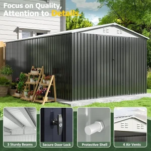 10x14 FT Metal Garden Storage Shed, Updated Frame with Lockable Doors, Heavy-Duty Outdoor Tool Shed, Customized