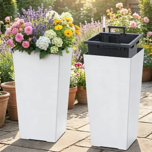 15.7"/22.5" Tall Planters Set Of 2, Self Watering Indoor Outdoor Front Porch Planter Pots With Drainage & Monitor Bucket