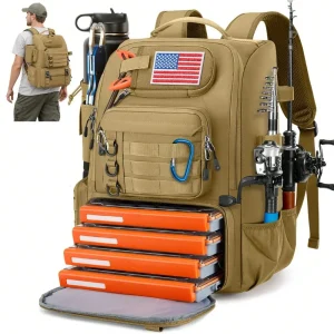Backpack With Rod Holders Cooler 40L Water Resistant Tackle Backpack With Rain Cover Store Fishing Gear