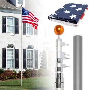 Telescopic Flag Pole Kit, 20FT Height Adjustable Heavy Duty Aluminum Flagpoles with 5x3 US Flag & Golden Ball Topper for Yard House Ground Residential Commercial